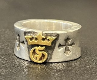 18K Gold High Raised G & Crown On Wide Cigar Band Ring [R-147]