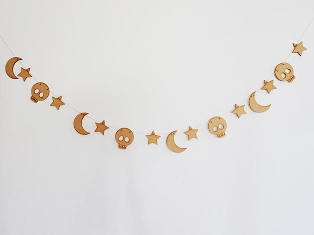 ★在庫2★ HALLOWEEN スカル・ムーン・スター ラスティック加工ウッド ガーランド