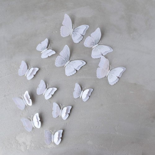 ホワイト×シルバー バタフライ蝶々 デコレーション（マグネット付） 12個入