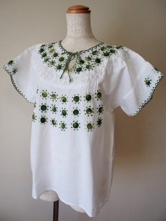 メキシコ・刺繍半袖ブラウス・ドット・グリーン