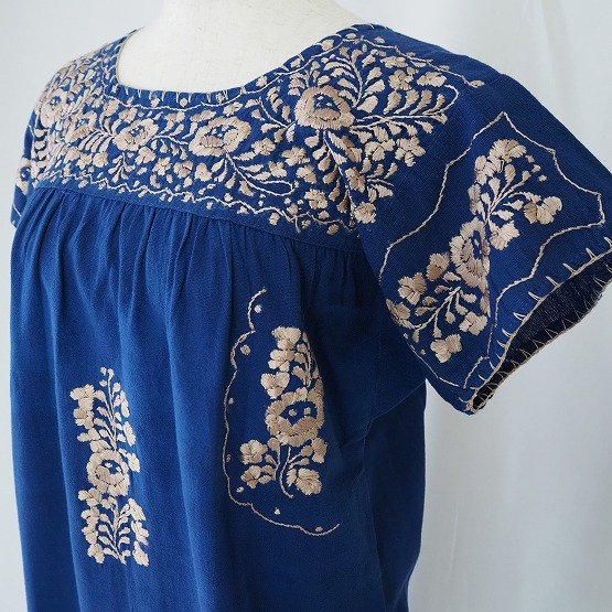 ☆US古着☆vintage【メキシコ 手刺繍 ワンピース/チュニック】ブルー メキシコ・オアハカ州オコトラン・手刺繍ワンピース