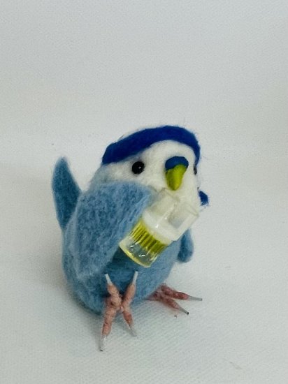 値下 羊毛フェルト 酔っ払いセキセイインコ フィギュア 水色 鳥 ゆ