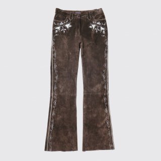 vintage broderie suede leather flare trousers