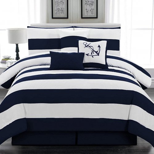  Legacy Decors(レガシーデコール) ／ベットリネン7点セット＊7 Piece Comforter Set / Navy Blue and White Striped