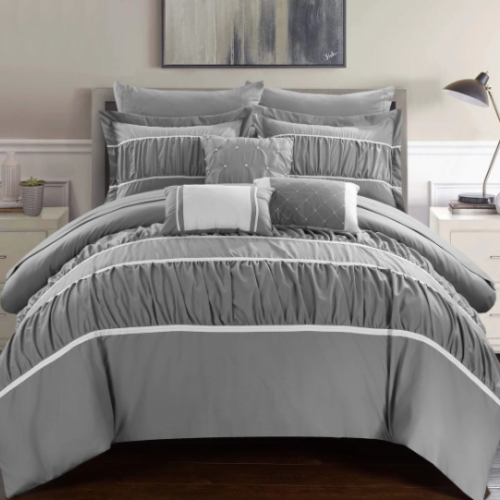 Chic Home 90GSMマイクロファイバーベットリネン10点セット シーツ付き * Chery 10 Piece Comforter Complete Bed / Gray