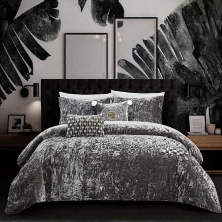 Chic Home ラグジュアリーベルベット 掛け布団5点セット ✻ Alianna 5 Piece Crinkle Crushed Velvet Comforter / Gray