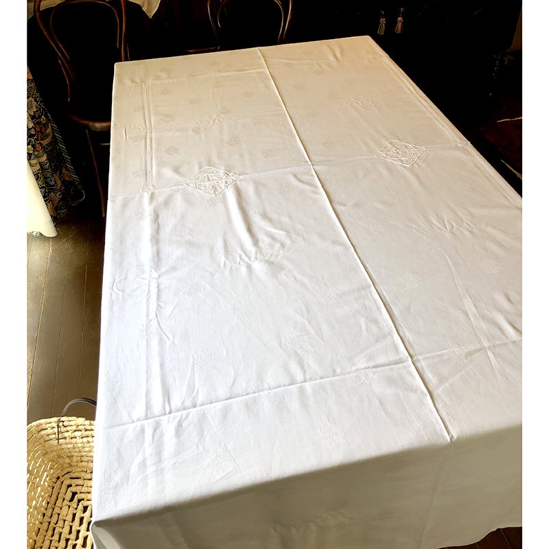 フランス　アンティーク　ヴィンテージ　モノグラム刺繍　テーブルクロス　長方形