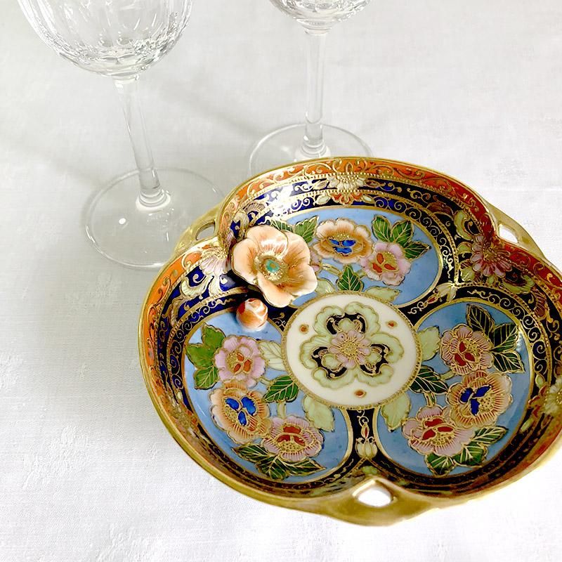 オールドノリタケ マルキ印 金盛花紋三耳 立体絵付 ボール