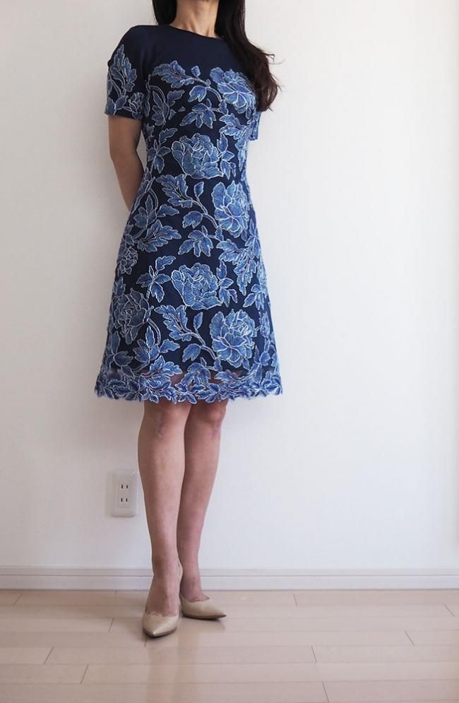 タダシショージ 半袖 ドレス ワンピース 花柄 レース ジャージー素材 11号