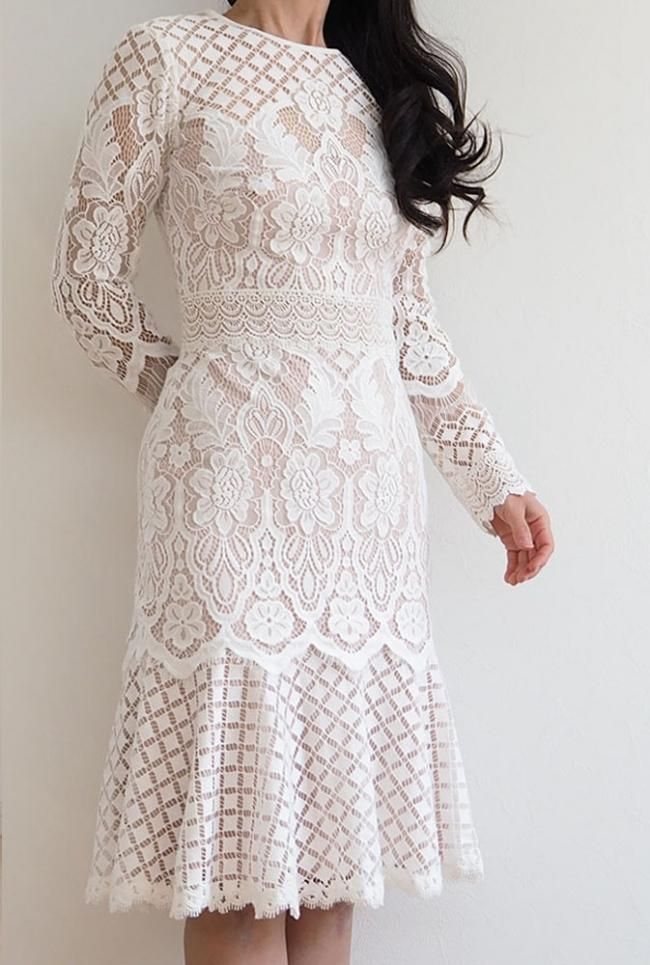 US8【SALE】長袖 タイルモチーフ ティアードレースワンピース アイボリー×ヌード - タダシ・ショージ通販【TADASHI DRESS】