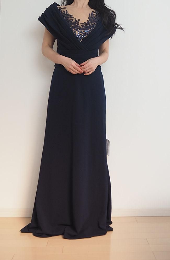 【SALE】スパンコールデコルテ　半袖　フロアロングドレス　navy　紺 - タダシ・ショージ通販【TADASHI DRESS】