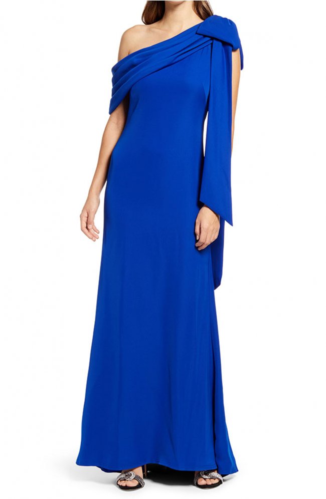 リボンボウ ワンショルダー ロングドレス 青 Royal Blue タダシ ショージ通販 Tadashi Dress