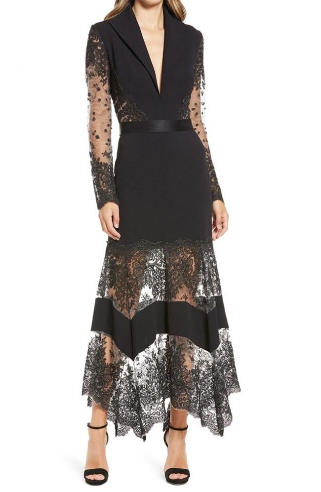 シースルーアーム 長袖 プランジネック レース ロングドレス 黒 Black - タダシ・ショージ通販【TADASHI DRESS】