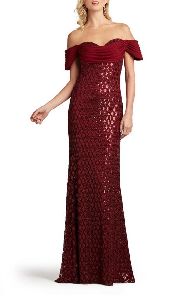 TADASHI SHOJI 赤 レース オフショルダー タイトドレス US0/2【SALE】ダイヤモンドレース オフショルダー ロングドレス