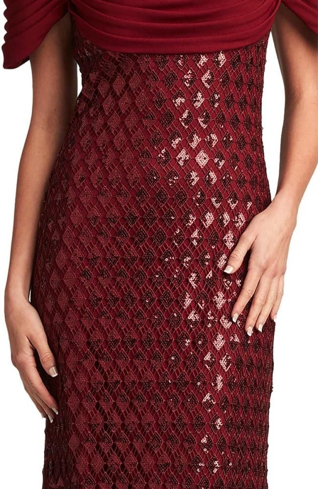 TADASHI SHOJI 赤 レース オフショルダー タイトドレス US0/2【SALE】ダイヤモンドレース オフショルダー ロングドレス