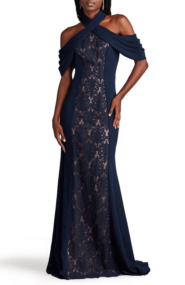 美品✨タダシショージ 　コード刺繍レース　 シアー ワンピース 　ネイビー ネイビー コードレース 七分袖ドレス｜TADASHI SHOJI（タダシ