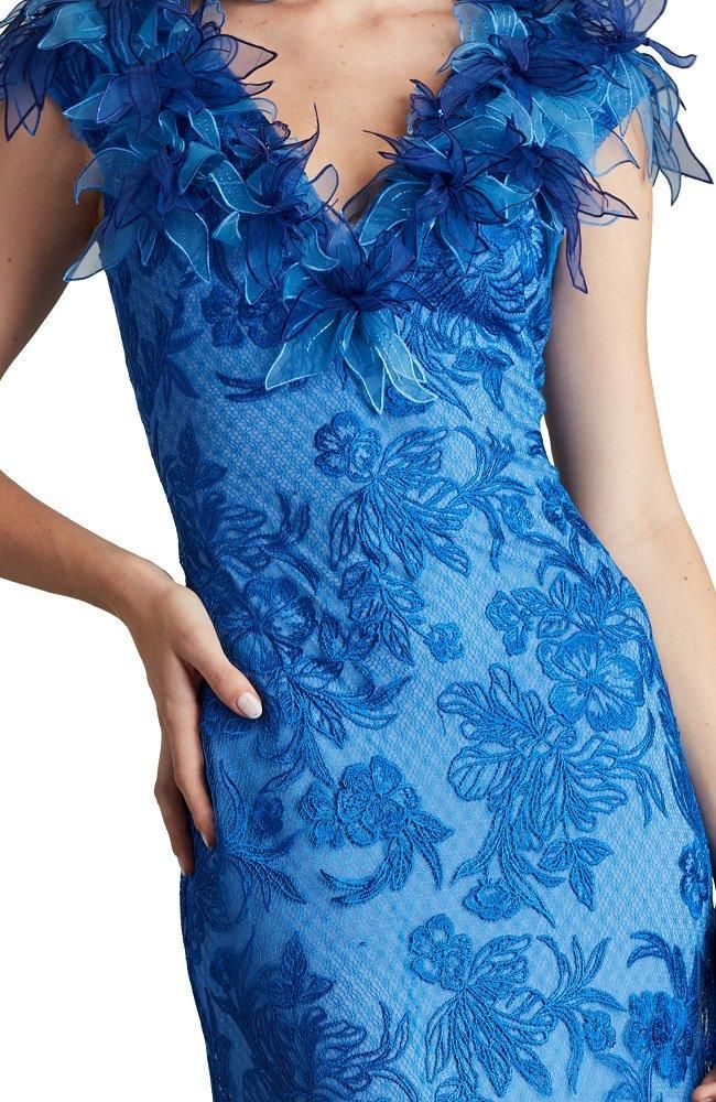 限定!! TADASHI SHOJI フローラル Vネック ロングドレス SALE】3Dフローラル Vネック キャップスリーブ 刺繍 ロング