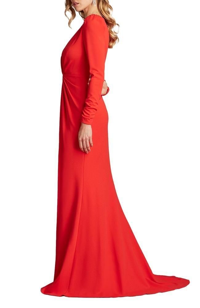 TADASHI SHOJI Aライン赤ツイスト長袖ロングドレス スリットV開 SALE】フロントツイスト スリット 長袖 ロングドレス レッド