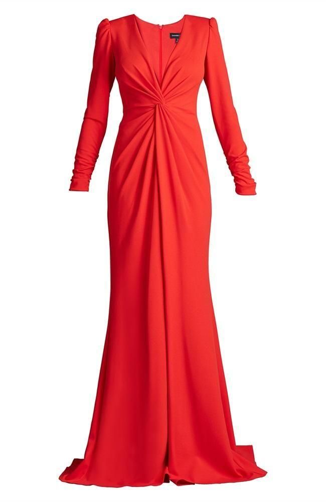 TADASHI SHOJI Aライン赤ツイスト長袖ロングドレス スリットV開 SALE】フロントツイスト スリット 長袖 ロングドレス レッド