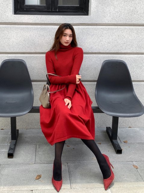 HIGH NECK BALLOON KNIT DRESS