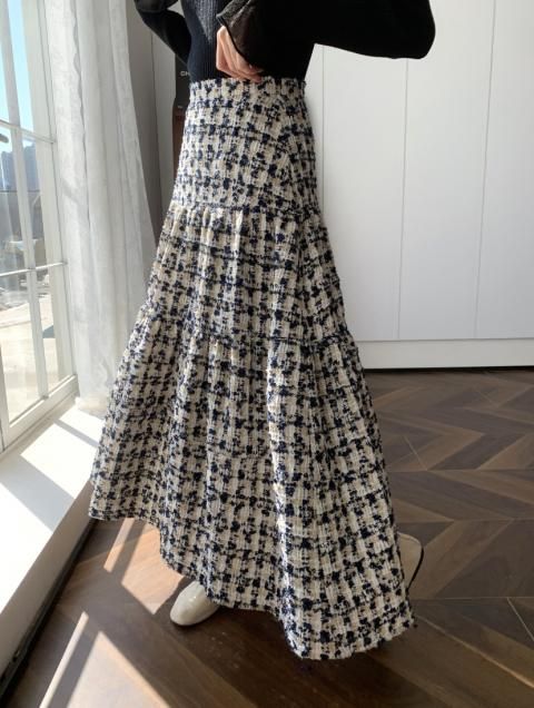 NAVY TWEED MIDI SKIRT 
