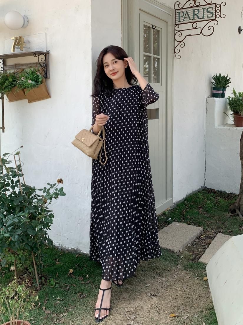 LONG PLEATS DRESS LS IN DOT - BIRTHDAY BASH