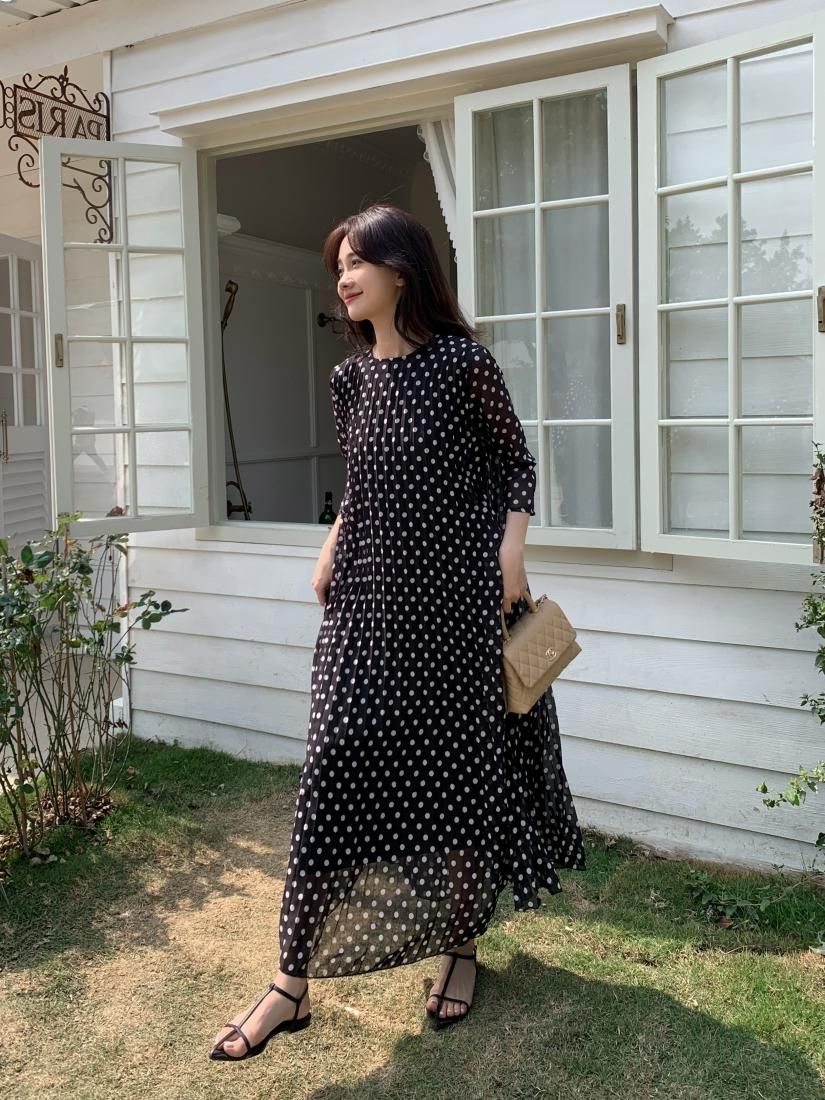 LONG PLEATS DRESS LS IN DOT - BIRTHDAY BASH