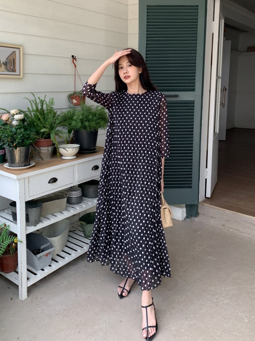 LONG PLEATS DRESS LS IN DOT - BIRTHDAY BASH