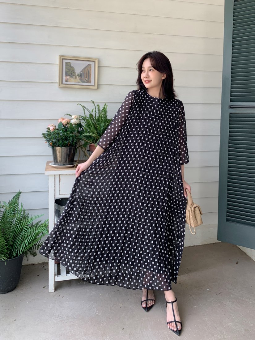 LONG PLEATS DRESS LS IN DOT - BIRTHDAY BASH