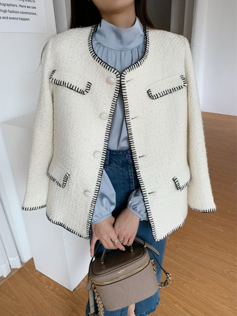 collarless tweed jacket WHITE - BIRTHDAY BASH