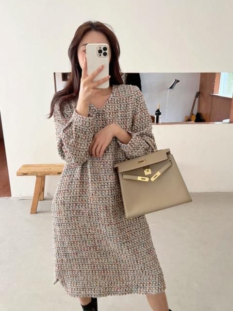 V NECK TWEED DRESS