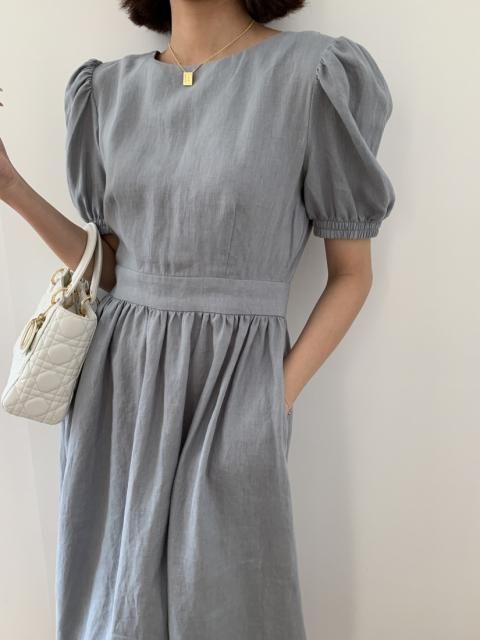 PUFF SLEEVE BC LINEN RIBBON DRESS
