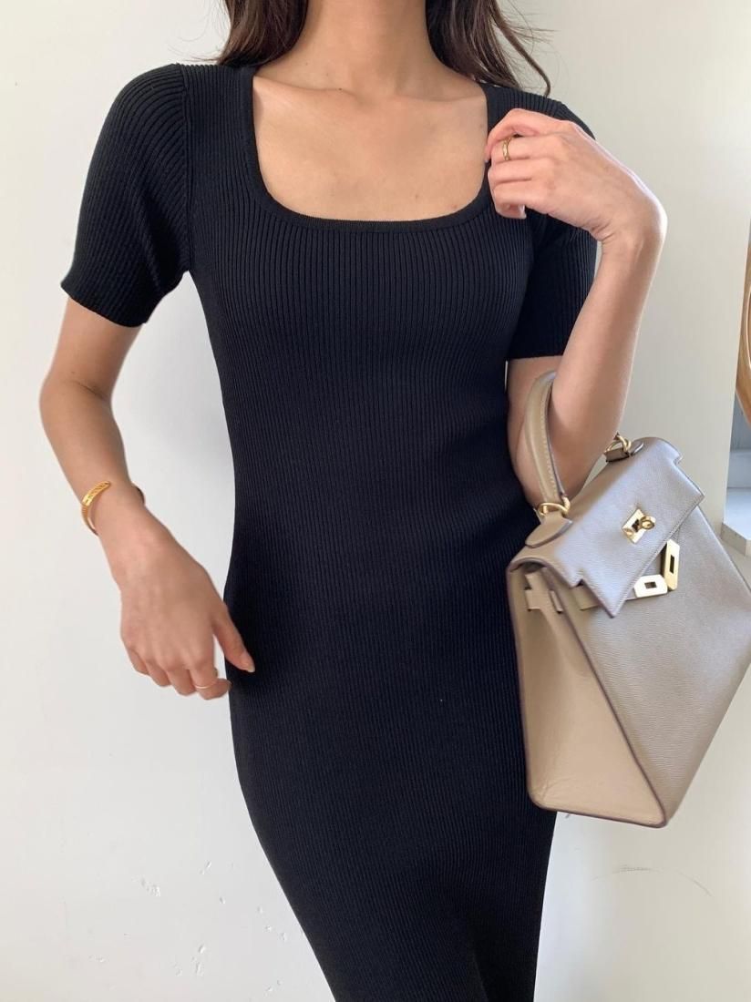 I LINE SQUARE NECK KNIT DRESS BLACK - BIRTHDAY BASH