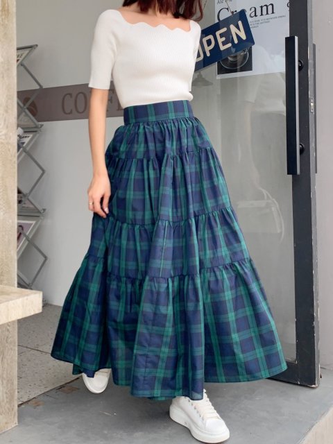 CHECKERED TIERED FLARE SKIRT