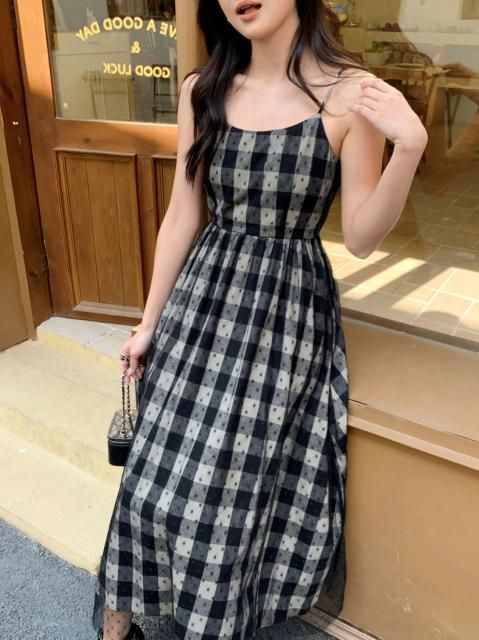 DOT CHIFFON CHECK CAMISOLE DRESS