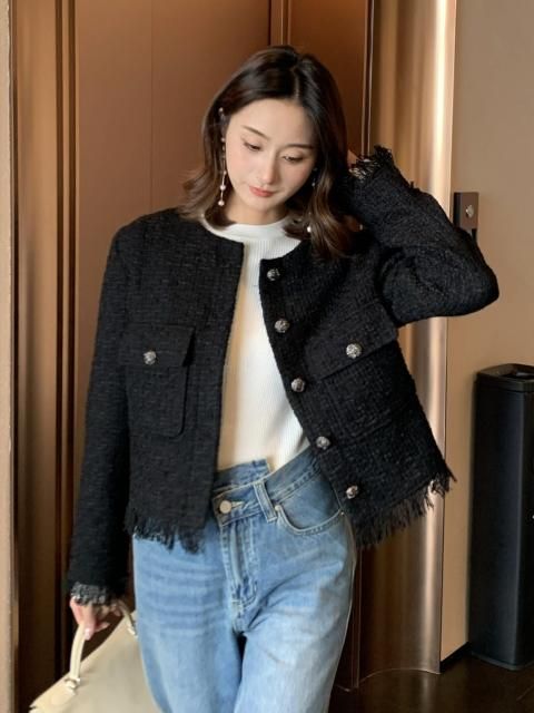 TWEED NO COLLAR BUTTON JACKET