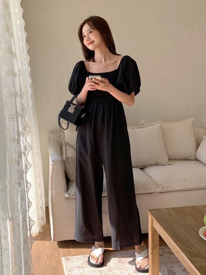 LINEN100 SQUARE NECK PUFF ROMPERS - BIRTHDAY BASH