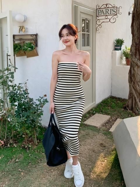 BARE TOP BORDER KNIT DRESS