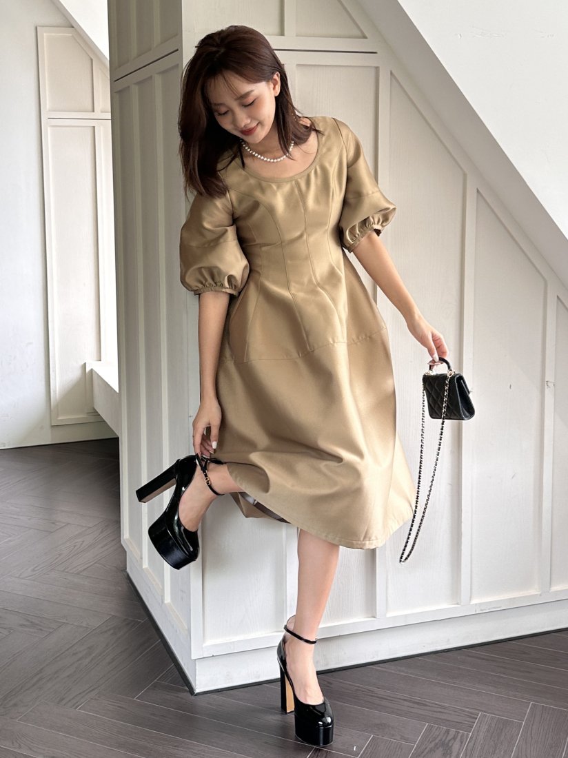 birthday bash KNIT BALLON DRESS KHAKI - ロングワンピース/マキシ