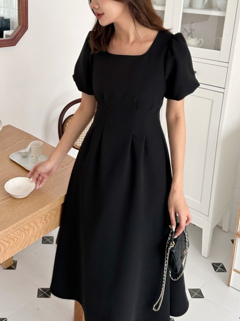 WAIST TUCK SQUARE COLLAR A LINE DRESS
