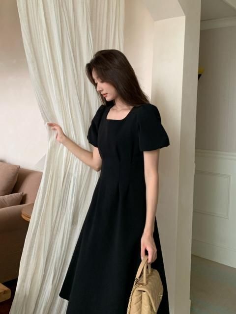 WAIST TUCK SQUARE COLLAR A LINE DRESS
