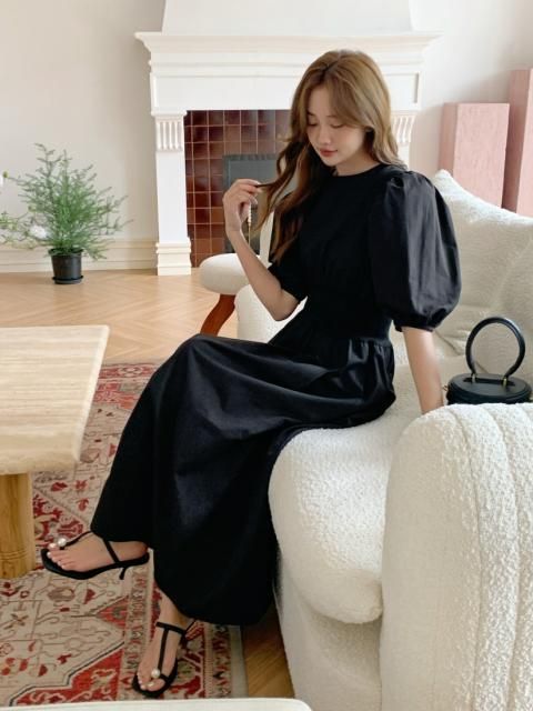 WAIST MARK PUFF SLEEVE LONG DRESS
