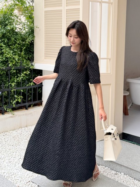 WAIST TUCK PUFF SLEEVE JACQUARD DRESS