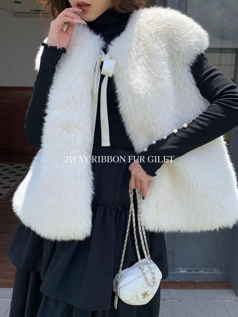 季節感冬バースデーバッシュ 2WAY RIBBON FUR GILET ファーベストジレ