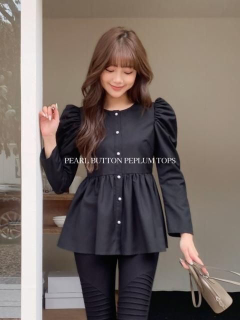 PUFF PEARL BUTTON PEPLUM TOPS