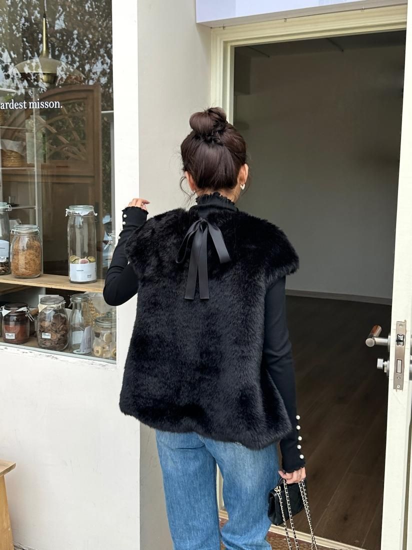 受注生産】BACK RIBBON FUR VEST LIMITED BLACK SSIZE - BIRTHDAY BASH