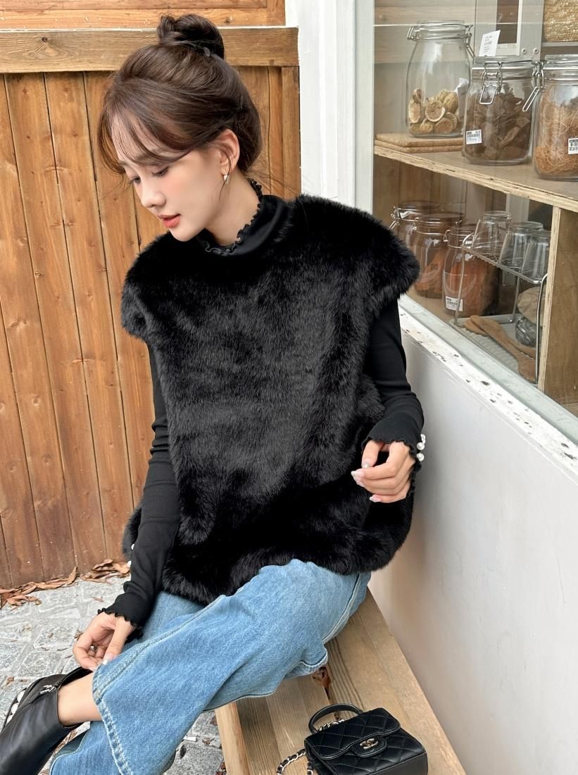 受注生産】BACK RIBBON FUR VEST LIMITED BLACK SSIZE - BIRTHDAY BASH