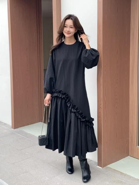 FRILL RIBBON ASYMMETRY DRESS