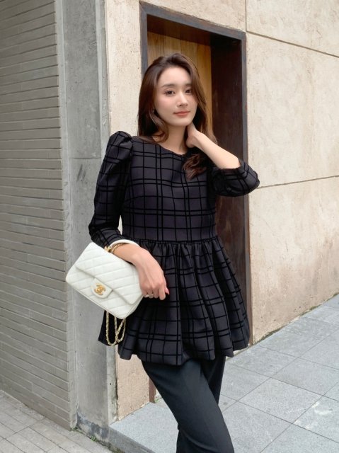 CHER PLAID PUFF FRILL TOPS