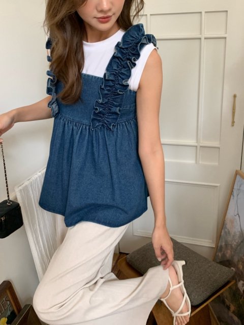 DENIM FRILL CAMISOLE TOPS